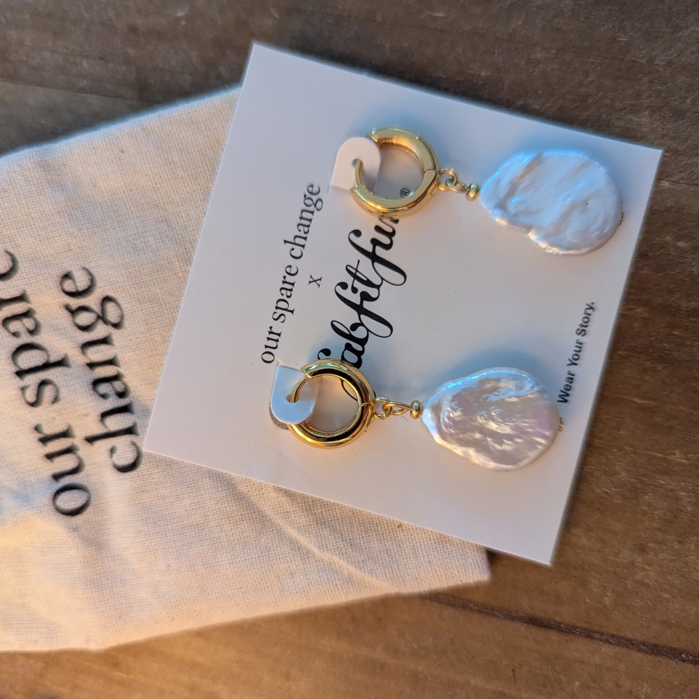 Gold Huggie Earrings with White Freshwater Pearls
